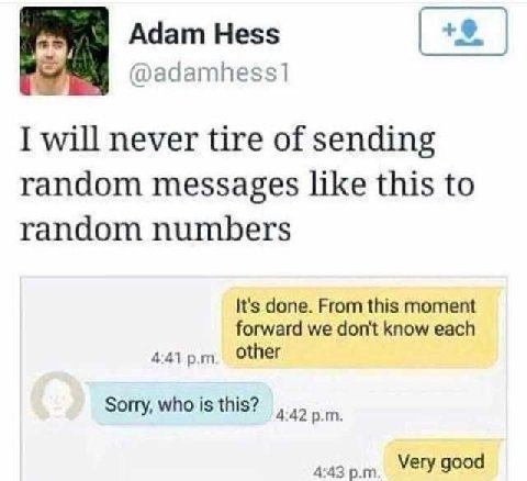 Adam Hess +2. I will never tire of sending random messages like this to random numbers It's done. From this moment forward we don't know each 4:41 other Sorry, who is this? 4:42 4:43 Very good