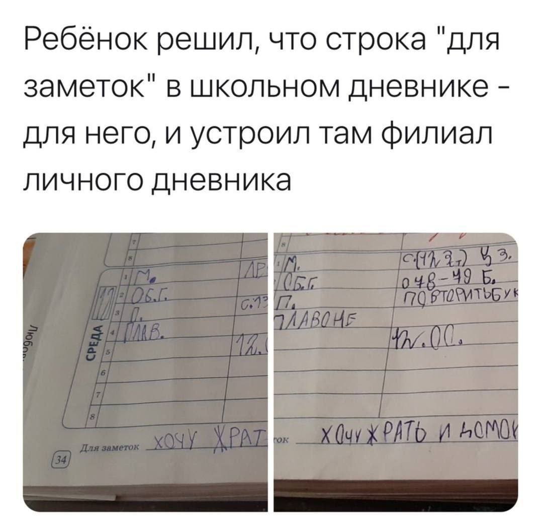 Ребёнок решил, что строка "для заметок" в школьном дневнике для него, и устроил там филиал личного дневника