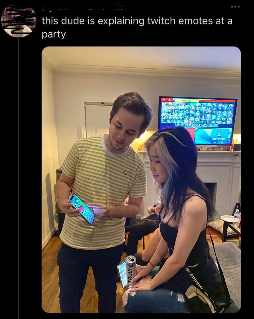 this dude is explaining twitch emotes at a party