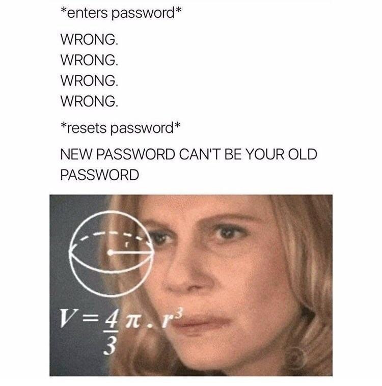*enters password* WRONG. WRONG. WRONG. WRONG. *resets password* NEW PASSWORD CAN'T BE YOUR OLD PASSWORD 3