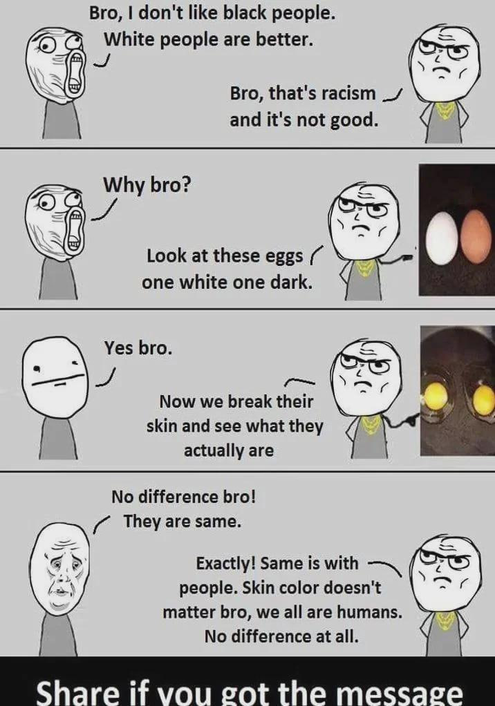 Bro, don't like black people. White people are better. Bro, that's racism and it's not good. у Why bro? Look at these eggs one white one dark. Yes bro. Now we break their skin and see actually are No 