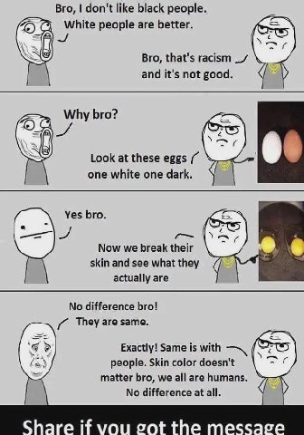 Bro, don't like black people. White people are better. Bro, that's racism and it's not good. у Why bro? Look at these eggs one white one dark. Yes bro. Now we break their skin and see actually are No 
