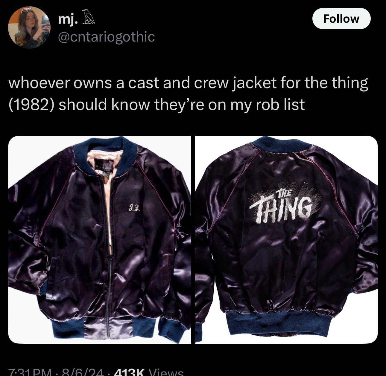 whoever owns а cast and crew jacket for the thing (1982) should know they’re on my rob list ЧЕ ‘и