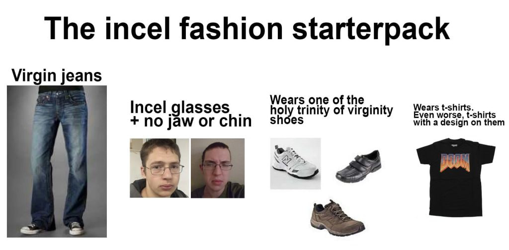 The incel fashion starterpack Virgin jeans Wears one Incel glasses Wears t-shirts. Even worse, no jaw or chin hol trinity with a design A