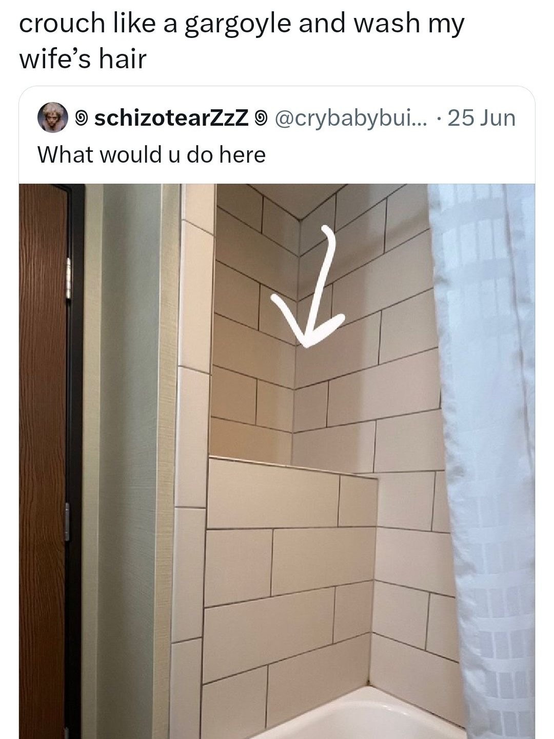 crouch like а gargoyle and wash wife’s hair о schizotearZzZ @crybabybui... 25 Jun What would here