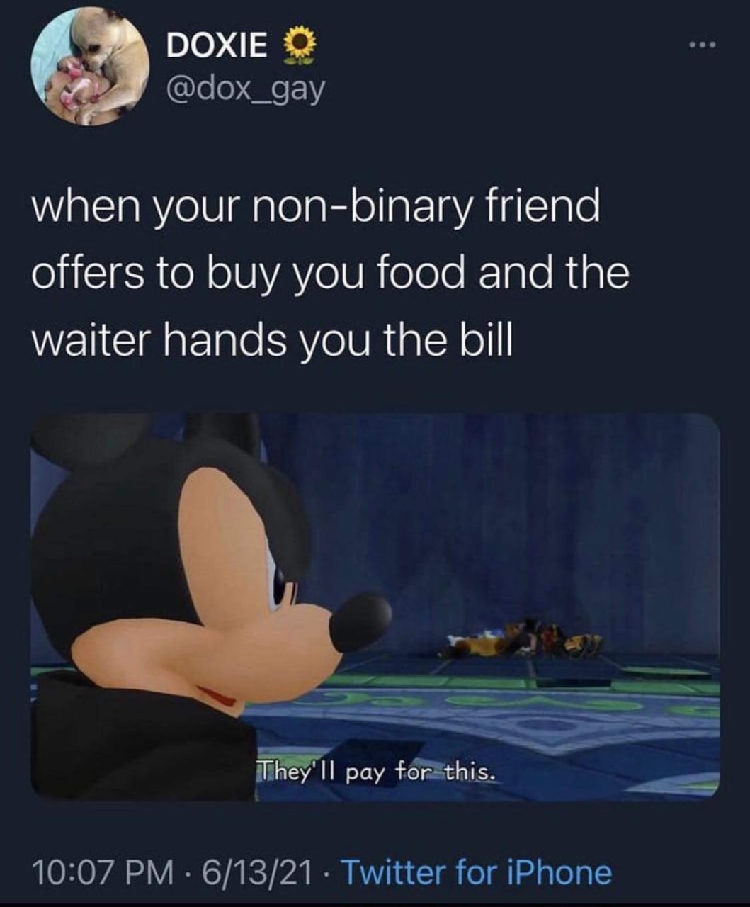 РОХЕ @dox_gay when your non-binary friend offers to buy you food and the waiter hands you the bill pay 10:07 6/13/21 Twitter for iPhone
