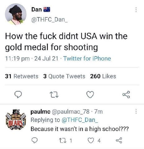 Dan @THFC_Dan_ How the fuck didnt USA win the gold medal for shooting 11:19 24 Jul 21 Twitter for iPhone 31 Retweets 3 Quote Tweets 260 Likes @paulmac_78 Replying to @THFC_Dan_ АЗРА Because it wasn't 