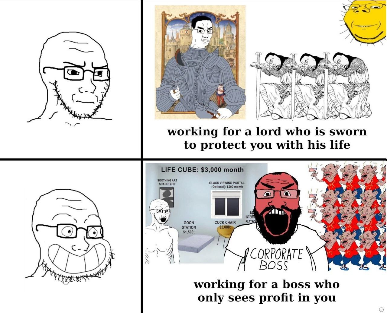 Wes И working for a lord who is sworn to protect you with his life _ЫЕЕ CUBE: $3,000 GLASS VIEWING PORTAL Я сиск CHAIR CORPORATE Boss working for a boss who only sees profit in you