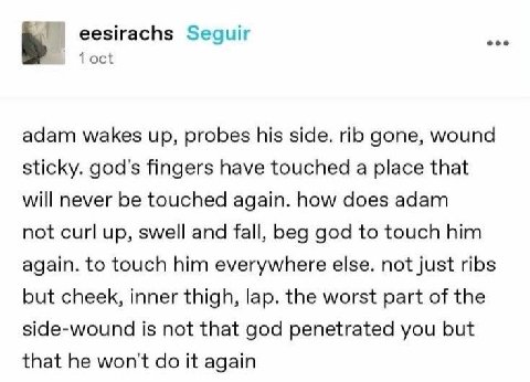 eesirachs Seguir 1 adam wakes up, probes his side. rib gone, wound sticky. god's fingers have touched a place that will never be touched again. how does adam not curl up, swell and fall, beg god to to