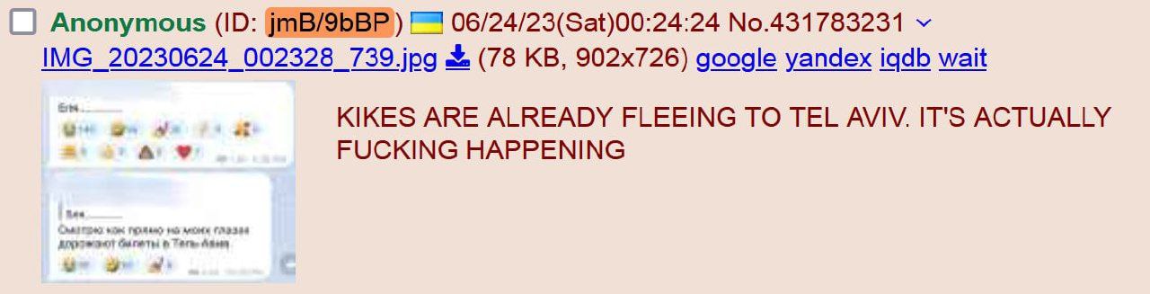 Anonymous 06/24/23(Sat)00:24:24 No.431783231 002328 739.jpg (78 google yandex iqdb wait KIKES ARE ALREADY FLEEING TO TEL AVIV. IT’S ACTUALLY FUCKING HAPPENING
