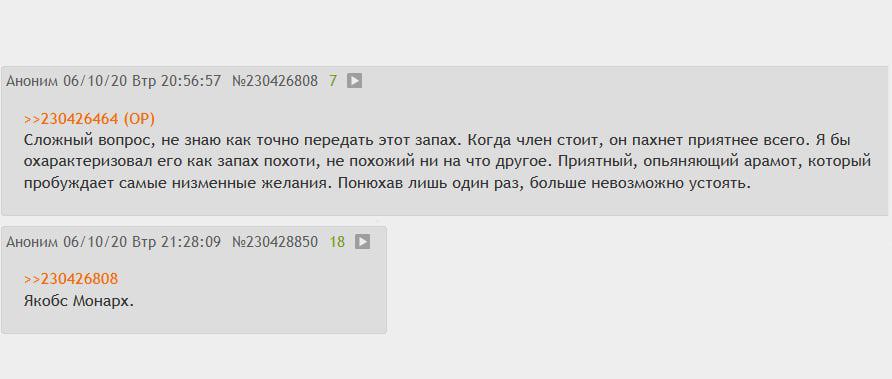 Аноним 06/10/20 Втр 20:56:57 №230426808 >>230426464 Сложный вопрос, не знаю как точно передать этот запах. Когда член стоит, он пахнет приятнее всего. Я бы охарактеризовал его как запах похоти, не пох