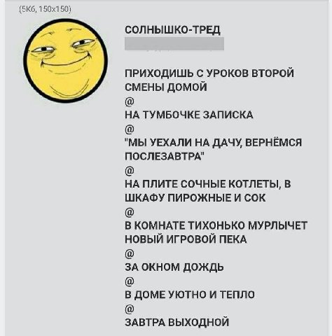 СОЛНЫШКО-ТРЕД ПРИХОДИШЬ С УРОКОВ ВТОРОЙ СМЕНЫ ДОМОЙ НА ТУМБОЧКЕ ЗАПИСКА "МЫ УЕХАЛИ НА ДАЧУ, ВЕРНЁМСЯ ПОСЛЕЗАВТРА" НА ПЛИТЕ СОЧНЫЕ КОТЛЕТЫ, В ШКАФУ ПИРОЖНЫЕ И СОК В КОМНАТЕ ТИХОНЬКО МУРЛЫЧЕТ НОВЫЙ ИГРО