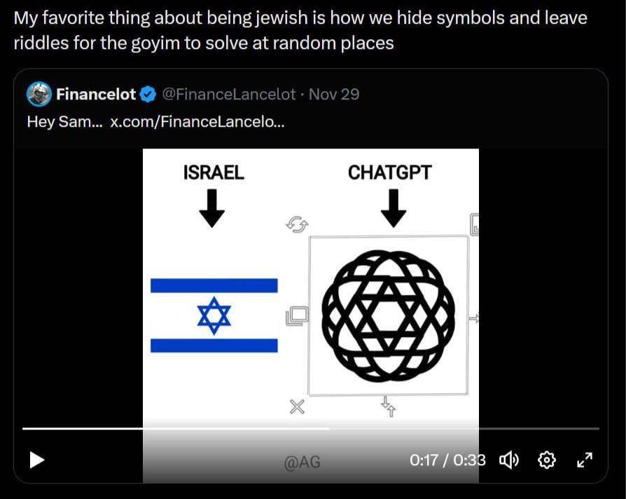 My favorite thing about being jewish is how we hide symbols and leave riddles for the goyim to solve at random places 8 Financelot Hey Sam... x.com/FinanceLancelo. ISRAEL CHATGPT a и