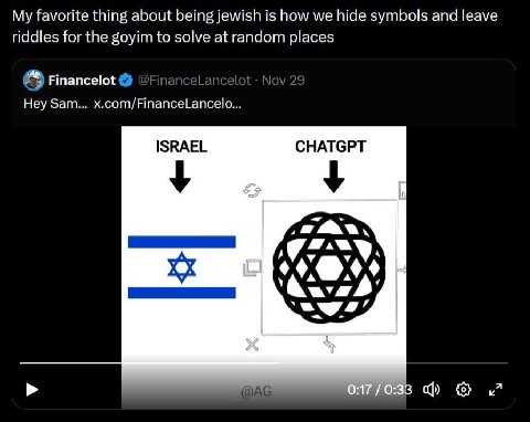 My favorite thing about being jewish is how we hide symbols and leave riddles for the goyim to solve at random places 8 Financelot Hey Sam... x.com/FinanceLancelo. ISRAEL CHATGPT a и