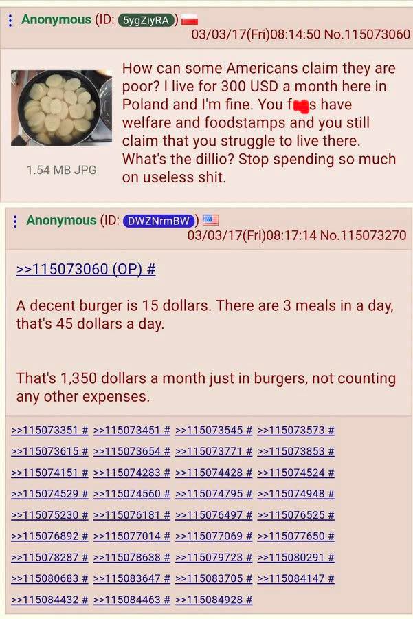 Anonymous 03/03/17(Fri)08:14:50 No.115073060 How can some Americans claim they are poor? live for 300 USD а month here in Poland and fine. You figs have welfare and foodstamps and you still claim that