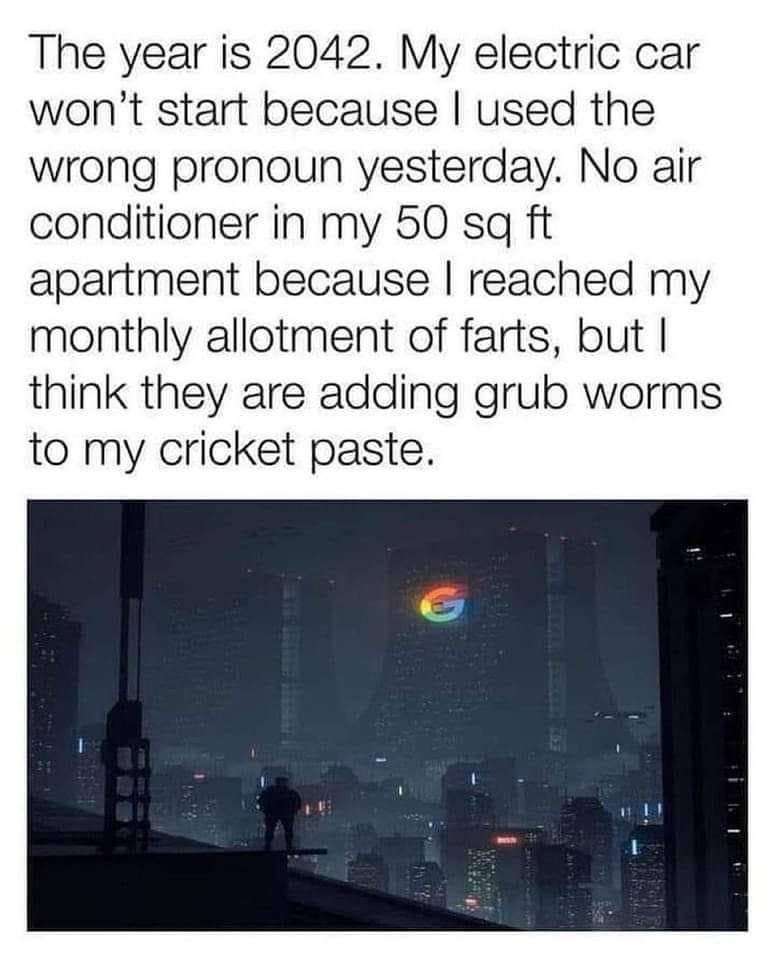 The year is 2042. My electric car won't start because used the wrong pronoun yesterday. No air conditioner in my 50 apartment because reached my monthly allotment of farts, but think they are adding g