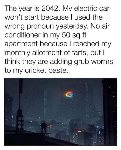 The year is 2042. My electric car won't start because used the wrong pronoun yesterday. No air conditioner in my 50 apartment because reached my monthly allotment of farts, but think they are adding g