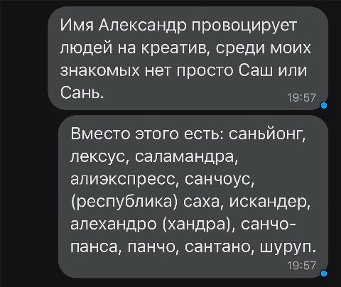 Имя Александр провоцирует людей на креатив, среди моих знакомых нет просто Саш или Сань. 19:57 Вместо этого есть: саньйонг, лексус, саламандра, алиэкспресс, санчоус, (республика) саха, искандер, алеха