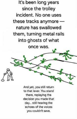 It's been long years since the trolley incident. No one uses these tracks anymore nature has swallowed them, turning metal rails into ghosts of what once was. And yet, you still return to that lever. 
