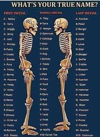 YOUR TRUE МАМЕ? MIDDLE INITIAL FIRST INITIAL LAST INITIAL А- Stinky А- Titty A- Puncher Hairy 8-Tuna 5-Poker Wiggly Booger Jerky O-Sphincter D-Killer {1 Lazy E-Cabbage E-Eater F-Goat F-Lover G-Fuzzy G