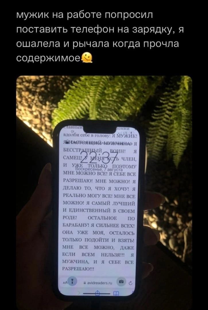 мужик на работе попросил поставить телефон на зарядку. я ошалела и рычала когда прочла содержимое АВНЫЙ себе в голову: Я МУЖИК! Я A И УЖЕ ТОЛЬКО поэтому РАЗРЕШАЮ! МНЕ МОЖНО! Я ДЕЛАЮ ТО, ЧТО Я ХОЧУ! Я 