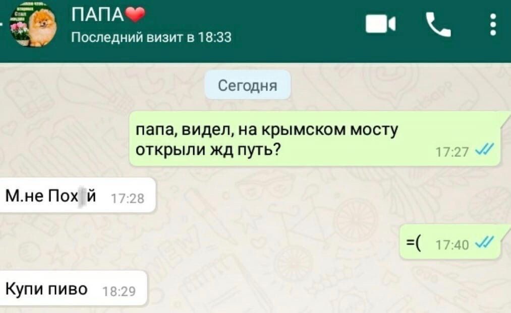 Последний визит в 18:33 Сегодня папа, видел, на крымском мосту открыли путь? 17:27 М.не Пох 17. 17:40 Купи пиво