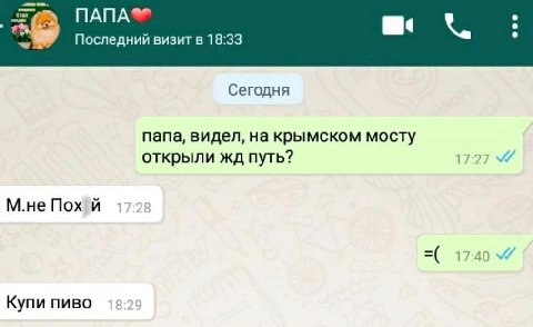 Последний визит в 18:33 Сегодня папа, видел, на крымском мосту открыли путь? 17:27 М.не Пох 17. 17:40 Купи пиво