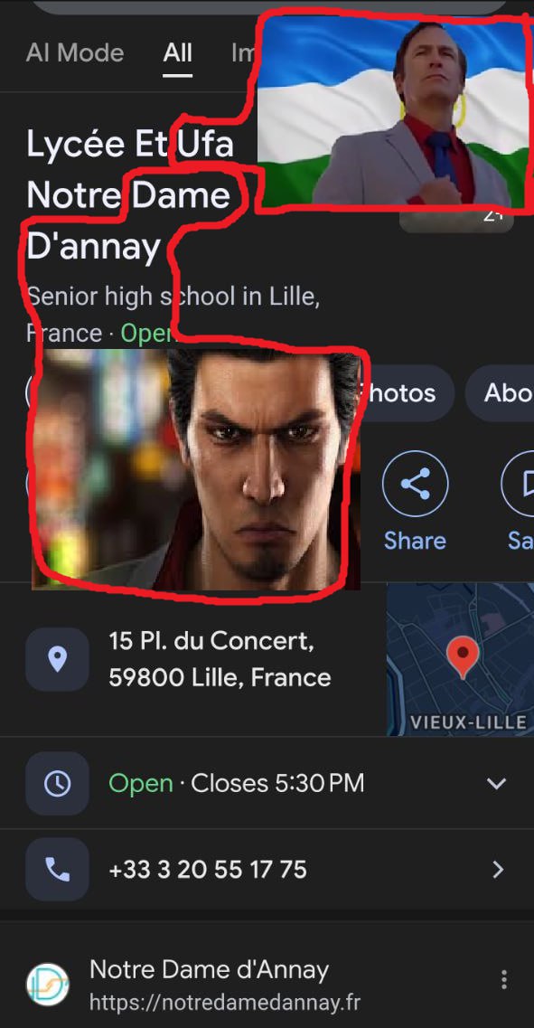 Mode All Lycee Ufa а Notre Dame Senior high school in Lille France Open Abo wil Share у 15 Concert 59800 Lille, France VIEUX-LILLE Open Closes 5:30 +33 3205517 75 Notre Dame а'’Аппау https://notredame