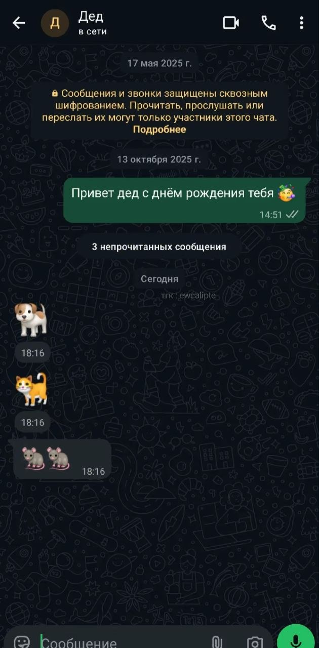 Дед в сети 17 мая Сообщения и звонки защищены сквозным шифрованием. Прочитать, прослушать или переслать могут только участники этого чата. Подробнее 13 октября 2025 Привет дед с днём рождения тебя 14: