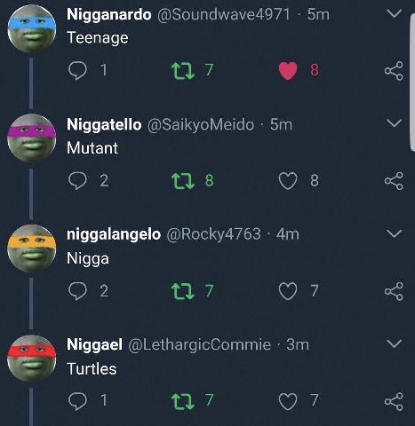 Nigganardo @Soundwave4971 Teenage Oui Niggatello @SaikyoMeido Mutant 8 8 niggalangelo @Rocky4763 Nigga 2 7 Niggael @LethargicCommie Turtles 7