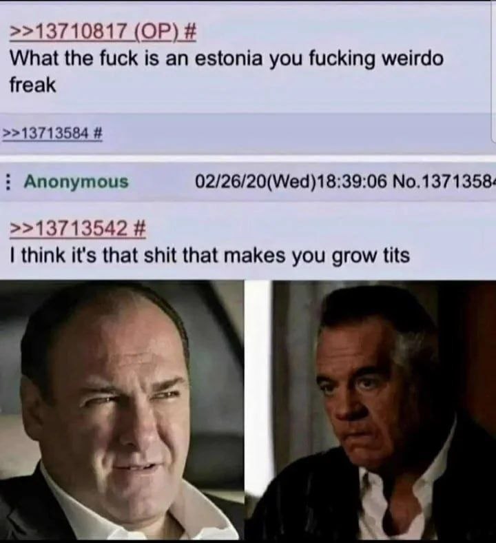 >>13710817 What the fuck is an estonia you fucking weirdo freak 13713584 Anonymous 02/26/20(Wed)18:39:06 >>13713542 think it's that shit that makes you grow tits и