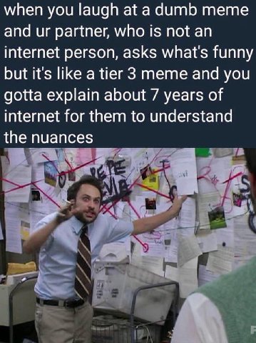 when you laugh at a dumb тете and partner, who is not an internet person, asks what's funny but it's like a tier 3 meme and you gotta explain about 7 years of internet for them to understand the ances