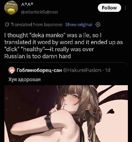 сто thought "deka manko" was а lie, so translated it word word and it ended up as "dick" "healthy"—it really was over Russian is too damn hard Гоблиноборец-сан Хуя здоровая 5