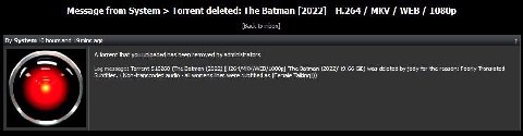 Message from System Torrent deleted: The Batman [2022] MKV WEB System 10 hours and 19 mins ago A torrent that you uploaded has been removed administrators LOG Torrent 518268 (The Batman (2022) [Н264/М