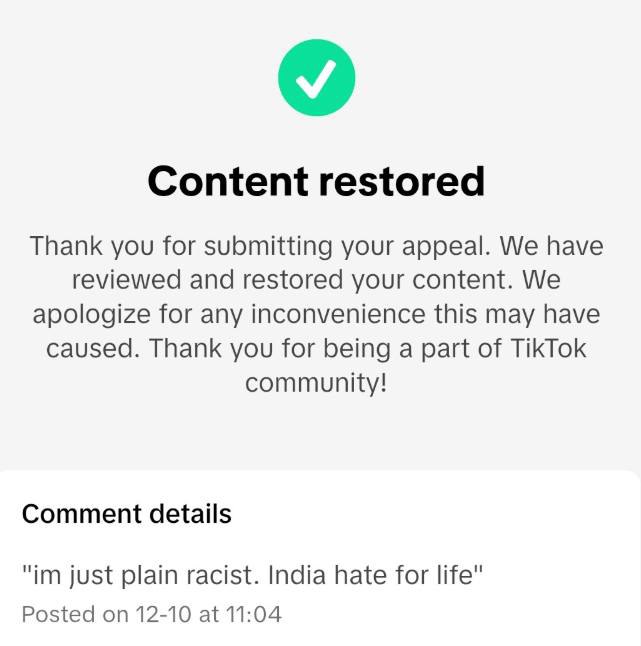 Content restored Thank you for submitting your appeal. We have reviewed and restored your content. We apologize for any inconvenience this may have caused. Thank you for being a part of TikTok communi