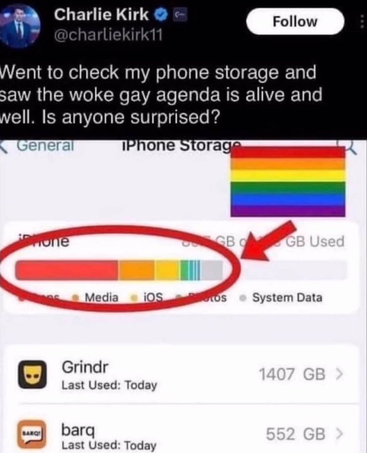 Charlie Kirk ent to check phone storage and saw the woke gay agenda is alive and ell. anyone surprised? veneral Media System Data Grindr Last Used: Today Бага Last Used: Today