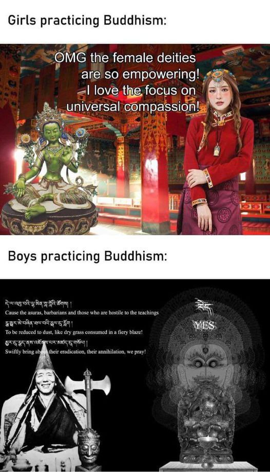 Girls practicing Buddhism: OMG the female deities аге empowering! love the focus Boys practicing Buddhism: Parag С asuras, barbarians and those who are hostile to the teachings SBS: To be reduced to d