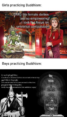 Girls practicing Buddhism: OMG the female deities аге empowering! love the focus Boys practicing Buddhism: Parag С asuras, barbarians and those who are hostile to the teachings SBS: To be reduced to d