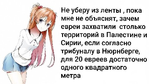 Не уберу из ленты пока Up мне не объяснят, зачем евреи захватили столько территорий в Палестине и A Сирии, если согласно трибуналу в Нюрнберге, для 20 евреев достаточно одного квадратного метра \4