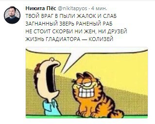 Никита Пёс @nikitapyos 4 мин. ТВОЙ ВРАГ В ПЫЛИ ЖАЛОК И СЛАБ ЗАГНАННЫЙ ЗВЕРЬ РАНЕНЫЙ РАБ НЕ СТОИТ СКОРБИ НИ ЖЕН, НИ ДРУЗЕЙ ЖИЗНЬ ГЛАДИАТОРА КОЛИЗЕЙ