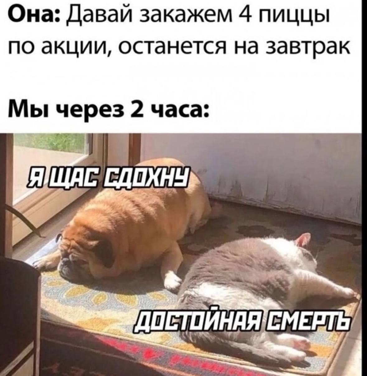 Она: Давай закажем 4 пиццы по акции, останется на завтрак Мы через 2 часа: