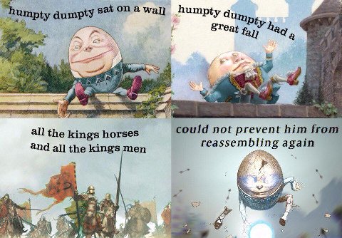 “humpty dumpty wal] humpty 7 8Teat 14. 4 7 4 к 1 2 all the kings horses could not prevent him from reassembling again all the kings men iim 5 5