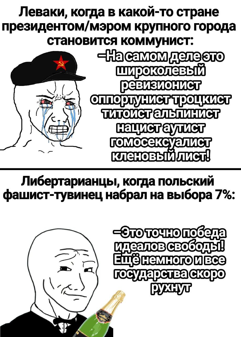 Леваки, когда в какой-то стране президентом/мэром крупного города становится коммунист: широколевый 4 гомосексуалист, Либертарианцы, когда польский фашист-тувинец набрал на выбора 7%: