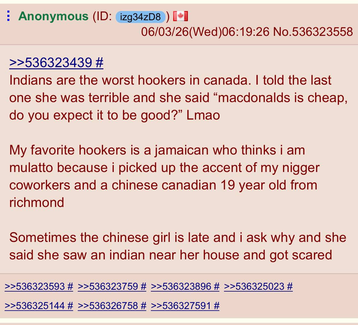 Anonymous (zg34zD8)) 06/03/26(Wed)06:19:26 No.536323558 >>536323439 Indians are the worst hookers in canada. told the last one she was terrible and she said “macdonalds is cheap, you expect it to be g