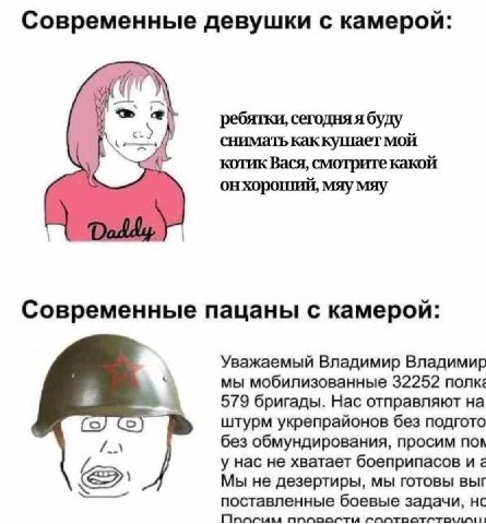 Современные девушки с камерой: ребятки, сегодняя буду AN снимать Kak кушает мой 7 котик Вася, смотрите какой онхороший, мяу мяу Современные пацаны с камерой: Уважаемый Владимир Владимир мы мобилизован