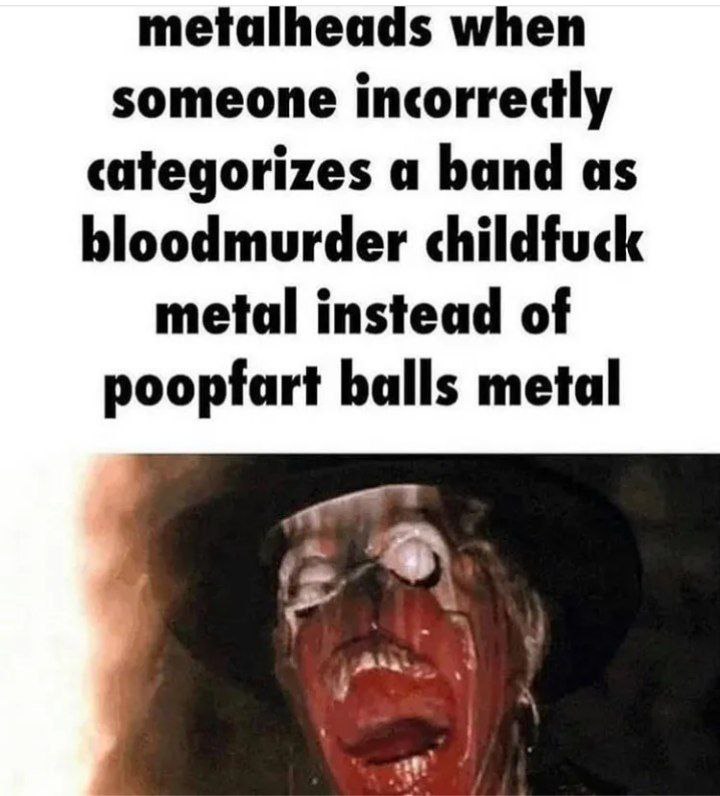 metalheads when someone incorrectly categorizes a band as bloodmurder childfuck metal instead of poopfart balls metal
