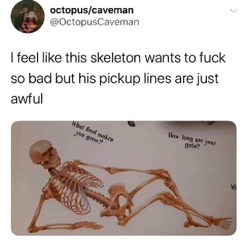 octopus/caveman @OctopusCaveman feel like this skeleton wants to fuck 50 bad but his pickup lines are just awful
