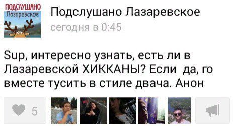 Подслушано Лазаревское SUP, интересно узнать, есть ли в Лазаревской ХИККАНЫ? Если да, вместе тусить в стиле двача. Анон Me