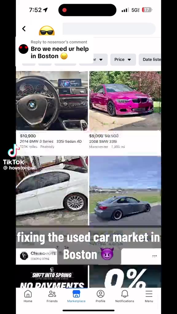Reply to nosensor's comment in Boston & ну Price ~ ею fixing the used car market т И ‘SWETINTO SPRING Г [е) Home Friends Marketplace Роше Мое Меты xDrive Sedan 4D 13 @ space return „ Bayway Cadillac S
