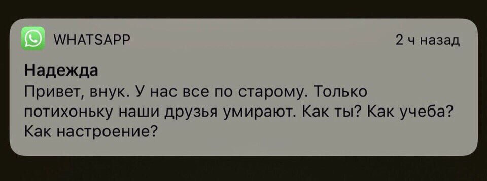WHATSAPP 24 назад Надежда Привет, внук. У нас все по старому. Только потихоньку наши друзья умирают. Как ты? Как учеба? Как настроение?
